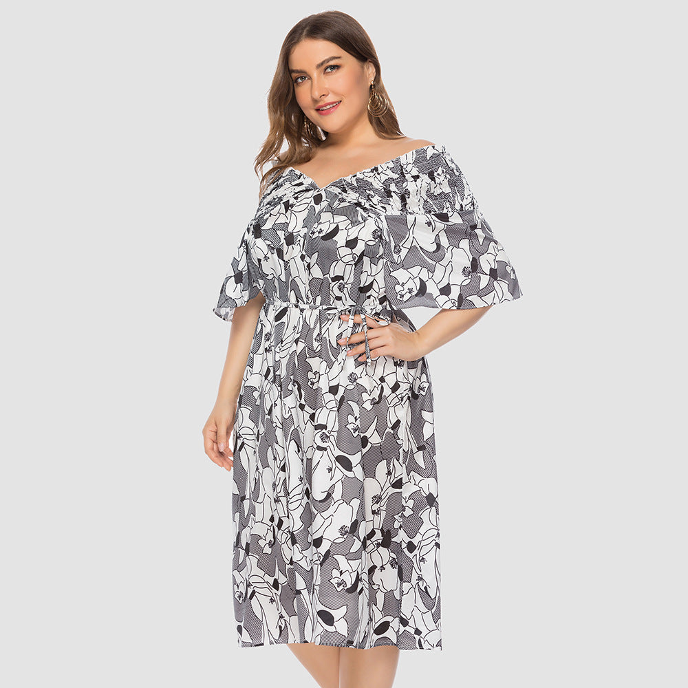 【50% OFF】【XL-5XL】2024 rochie imprimată cu decolteu în V cu bretele în talie, fără umăr