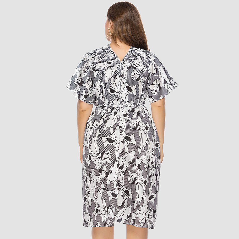 【50% OFF】【XL-5XL】2024 rochie imprimată cu decolteu în V cu bretele în talie, fără umăr