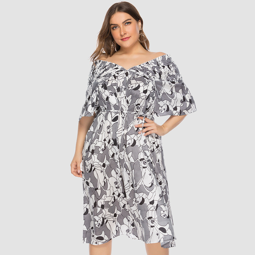【50% OFF】【XL-5XL】2024 rochie imprimată cu decolteu în V cu bretele în talie, fără umăr