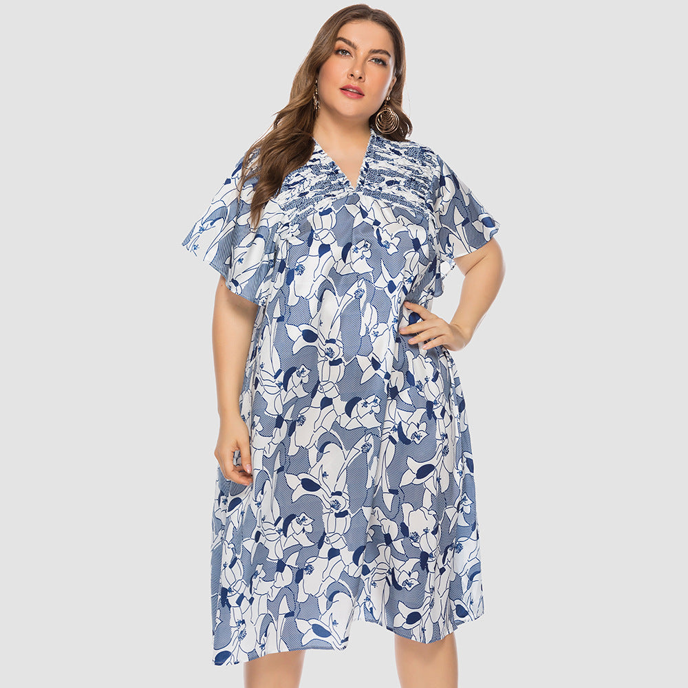 【50% OFF】【XL-5XL】2024 rochie imprimată cu decolteu în V cu bretele în talie, fără umăr