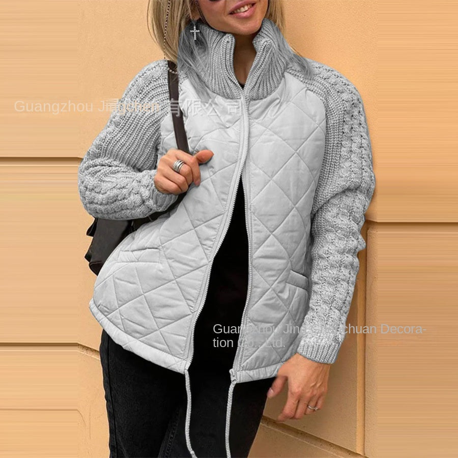 Amazon 2024 Autumn and Winter New Europe and America Cross Border Fashion Cardigan Long-Sleeve Zipper Stand Collar Women's Coat Cotton-Padded Jacket