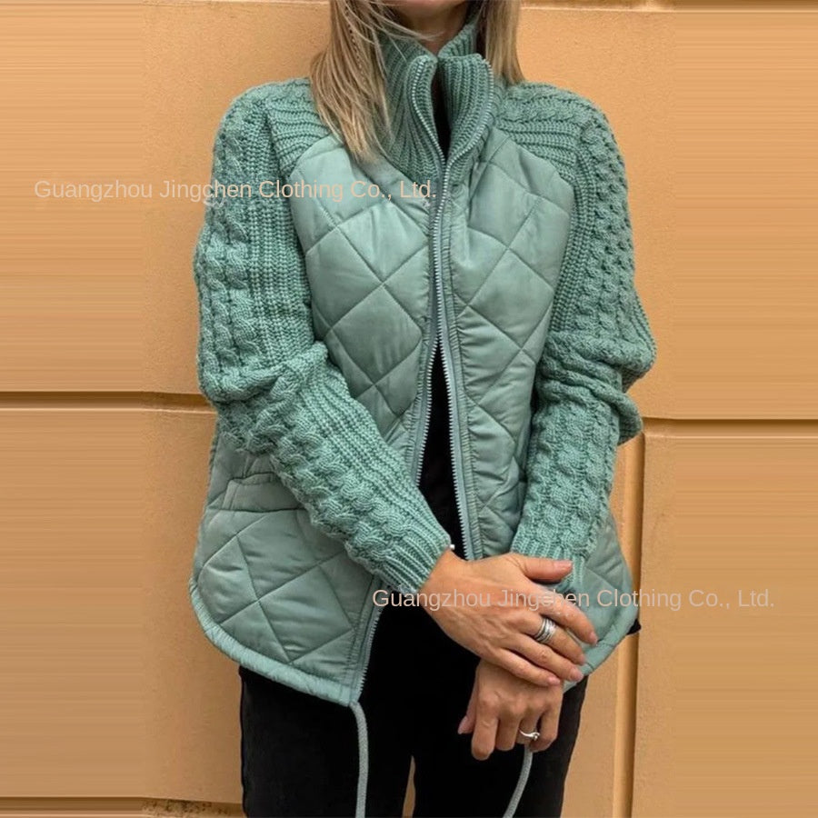 Amazon 2024 Autumn and Winter New Europe and America Cross Border Fashion Cardigan Long-Sleeve Zipper Stand Collar Women's Coat Cotton-Padded Jacket