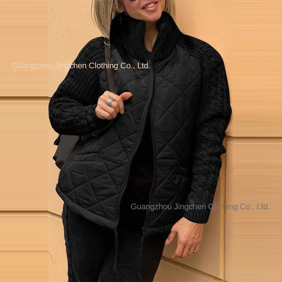 Amazon 2024 Autumn and Winter New Europe and America Cross Border Fashion Cardigan Long-Sleeve Zipper Stand Collar Women's Coat Cotton-Padded Jacket