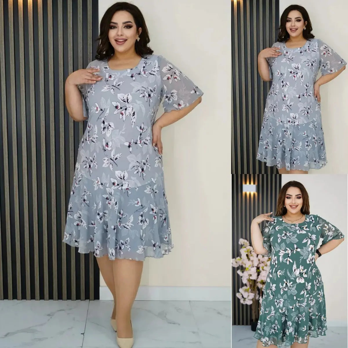 【50% OFF】【S-5XL】Rochie cu flori verde orhidee acva