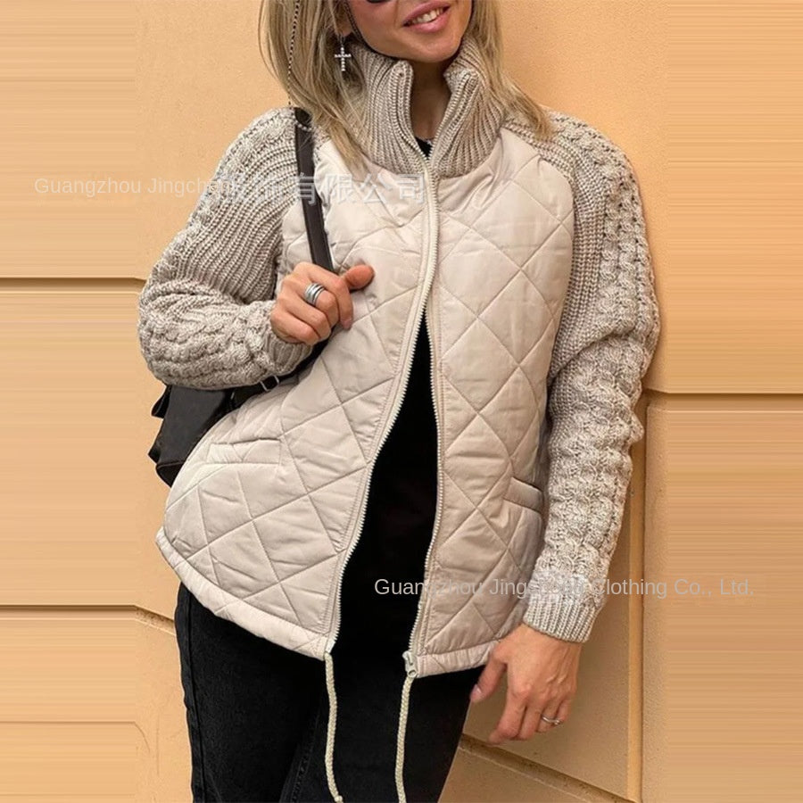 Amazon 2024 Autumn and Winter New Europe and America Cross Border Fashion Cardigan Long-Sleeve Zipper Stand Collar Women's Coat Cotton-Padded Jacket