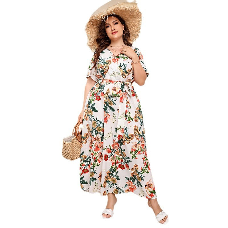 【50% OFF】【L-5XL】「Flori înflorite」2024 Rochie cu șireturi imprimate mărimi mari