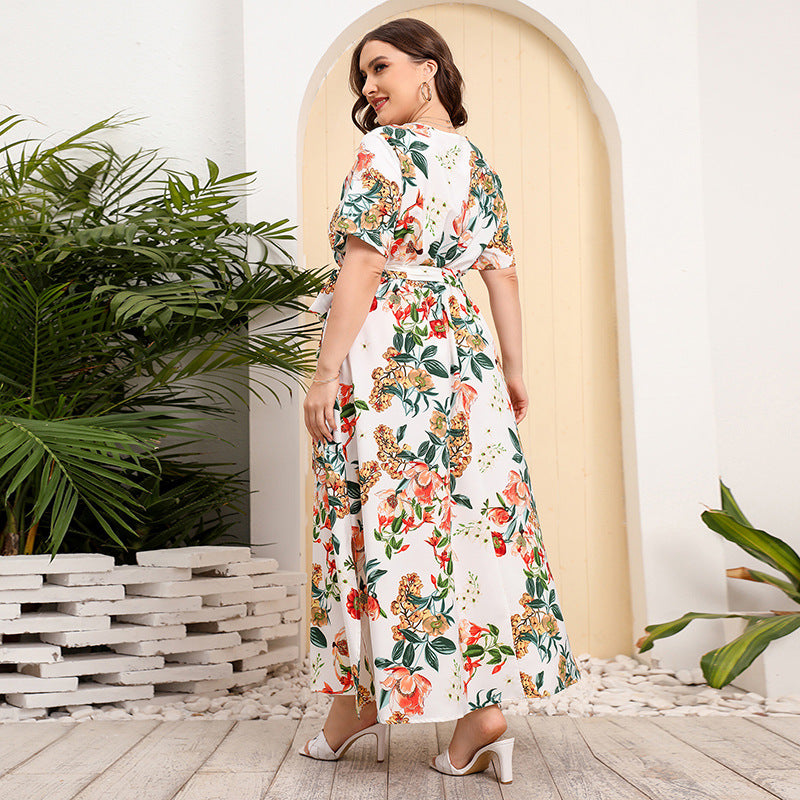 【50% OFF】【L-5XL】「Flori înflorite」2024 Rochie cu șireturi imprimate mărimi mari