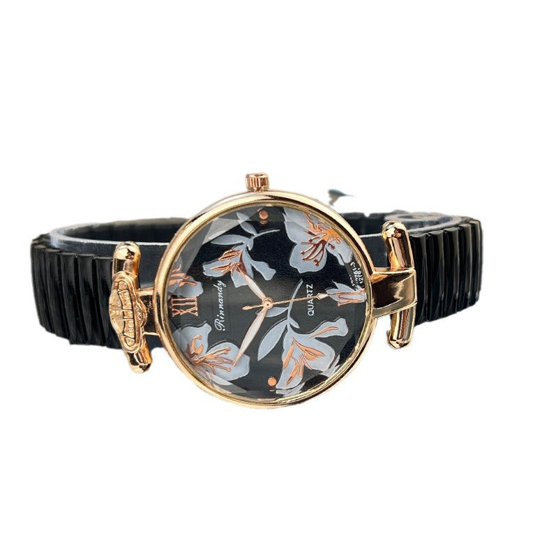 【50% OFF】【QUARTZ】⌚️Ceas de damă cu bandă elastică în relief cu frunze aurite
