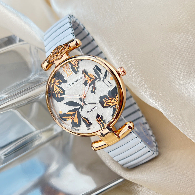 【50% OFF】【QUARTZ】⌚️Ceas de damă cu bandă elastică în relief cu frunze aurite