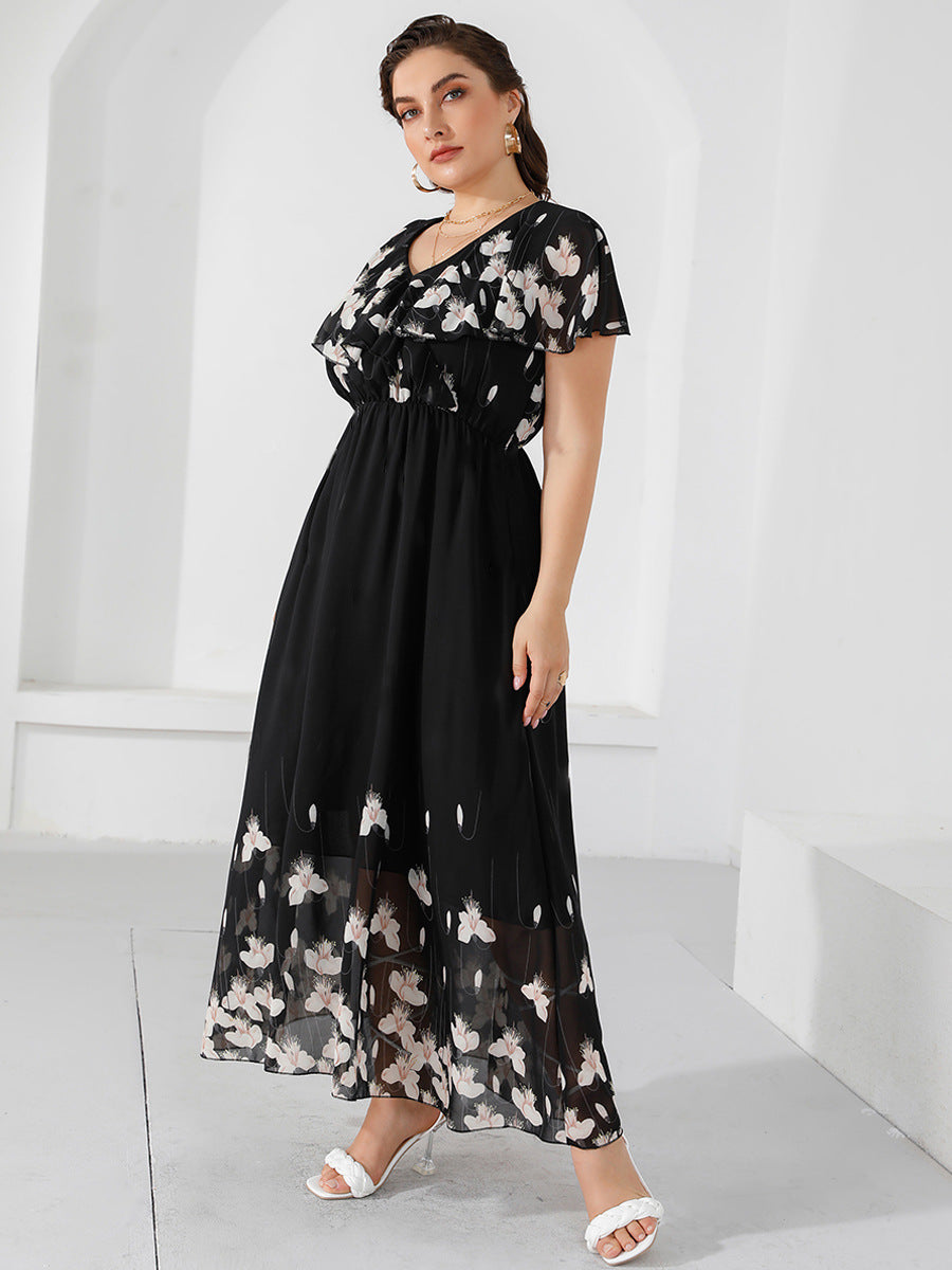 【50% OFF】【XL-5XL】「Flori în vise」2024 rochie cu imprimeu sifon cu volane marime plus