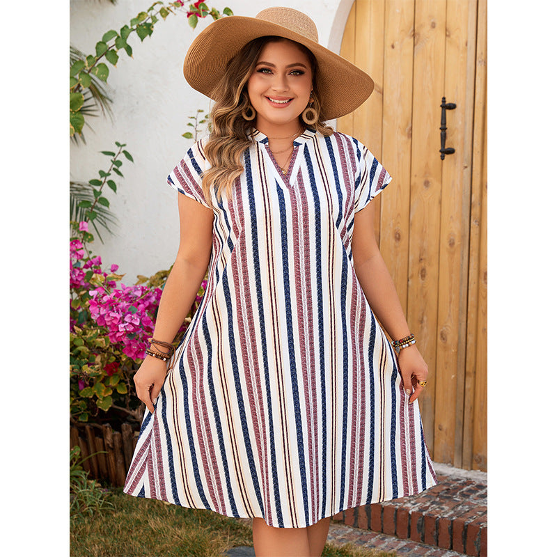 【50% OFF】【XL-4XL】2024 rochie colorată în dungi cu decolteu în V