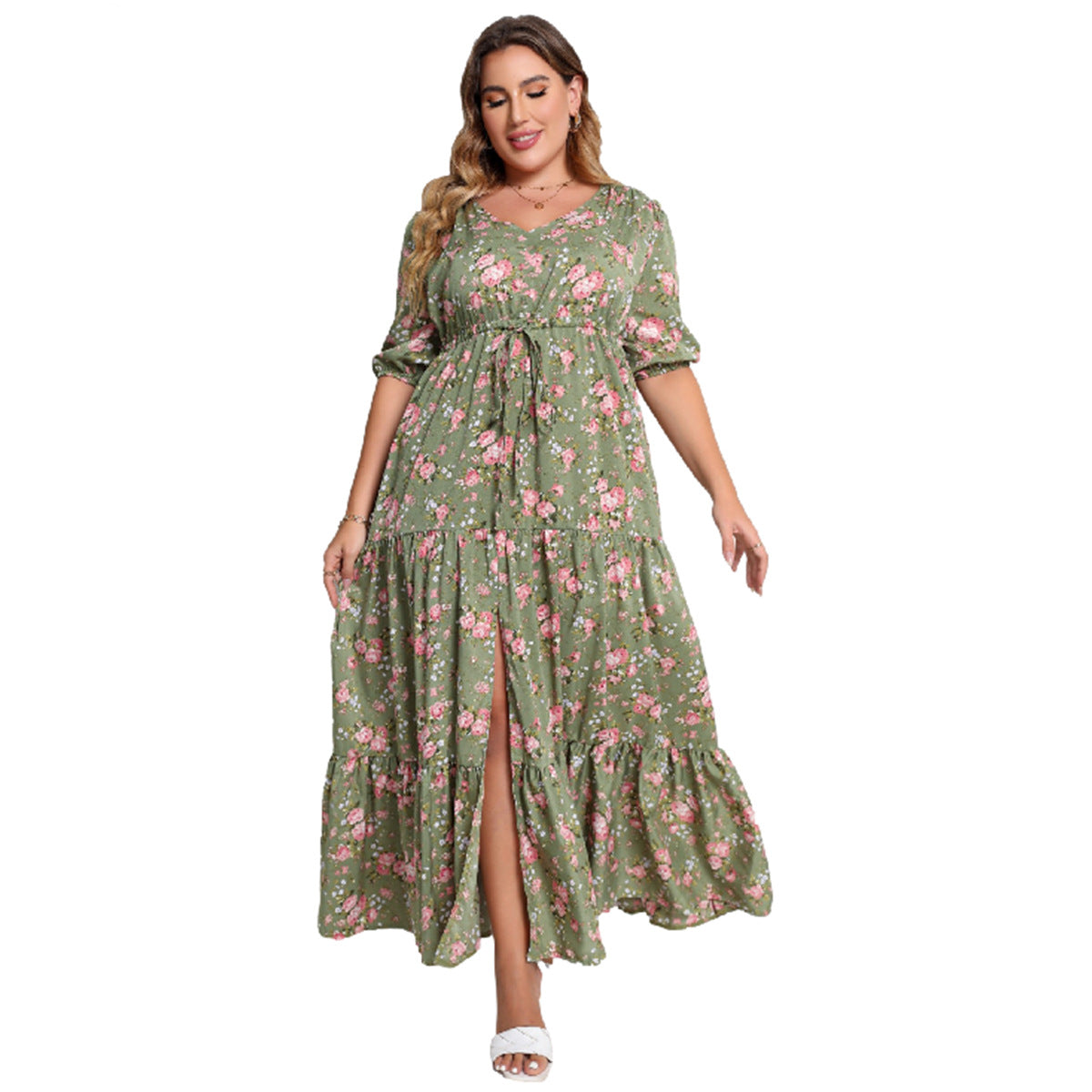 【50% OFF】【XL-5XL】「Romantic Flower」2024 Rochie de damă cu talie imprimată de mărime mare