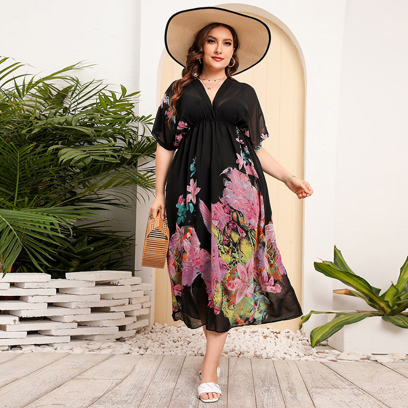 【50% OFF】【M-4XL】「Rose of the Night」Rochie de marime mare cu imprimeu din sifon negru 2024