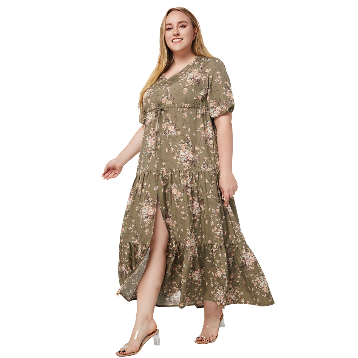 【50% OFF】【XL-5XL】「Romantic Flower」2024 Rochie de damă cu talie imprimată de mărime mare
