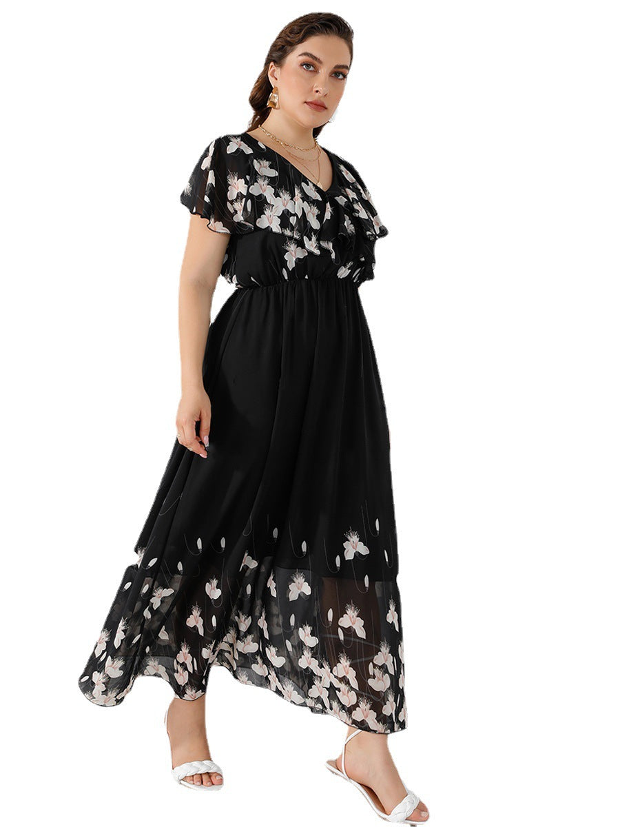 【50% OFF】【XL-5XL】「Flori în vise」2024 rochie cu imprimeu sifon cu volane marime plus