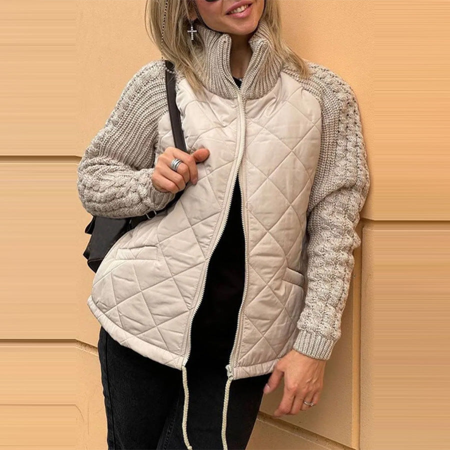 Amazon 2024 Autumn and Winter New Europe and America Cross Border Fashion Cardigan Long-Sleeve Zipper Stand Collar Women's Coat Cotton-Padded Jacket
