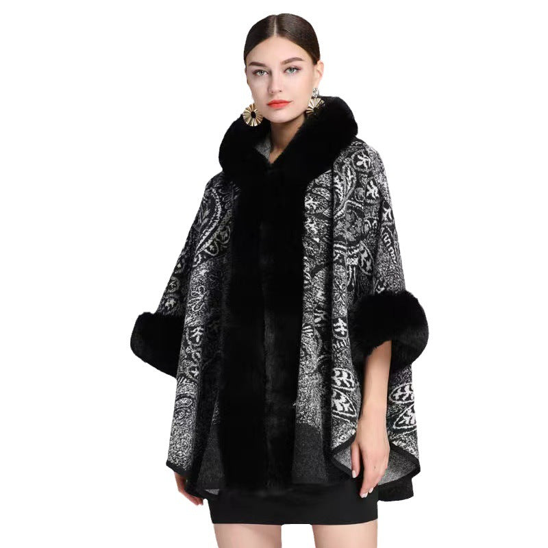 Ethnic Style plus Size Hooded Shawl Cape Women's New Imitate Rex Rabbit Fur Bohemian Jacquard Outerwear Cloak Coat