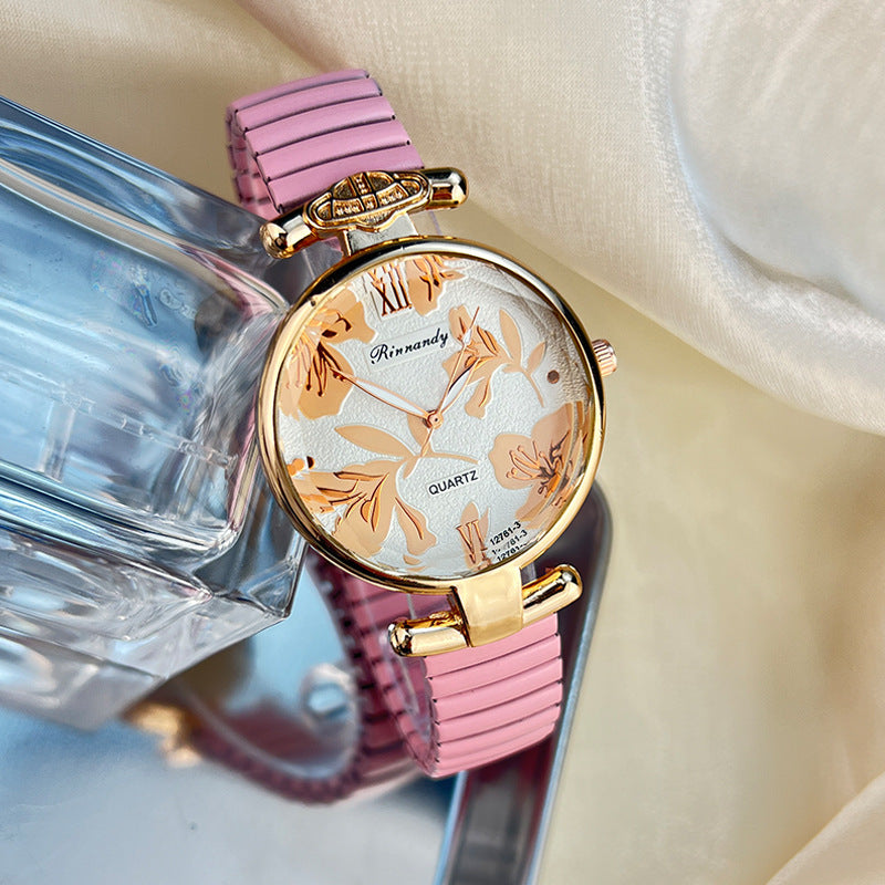 【50% OFF】【QUARTZ】⌚️Ceas de damă cu bandă elastică în relief cu frunze aurite