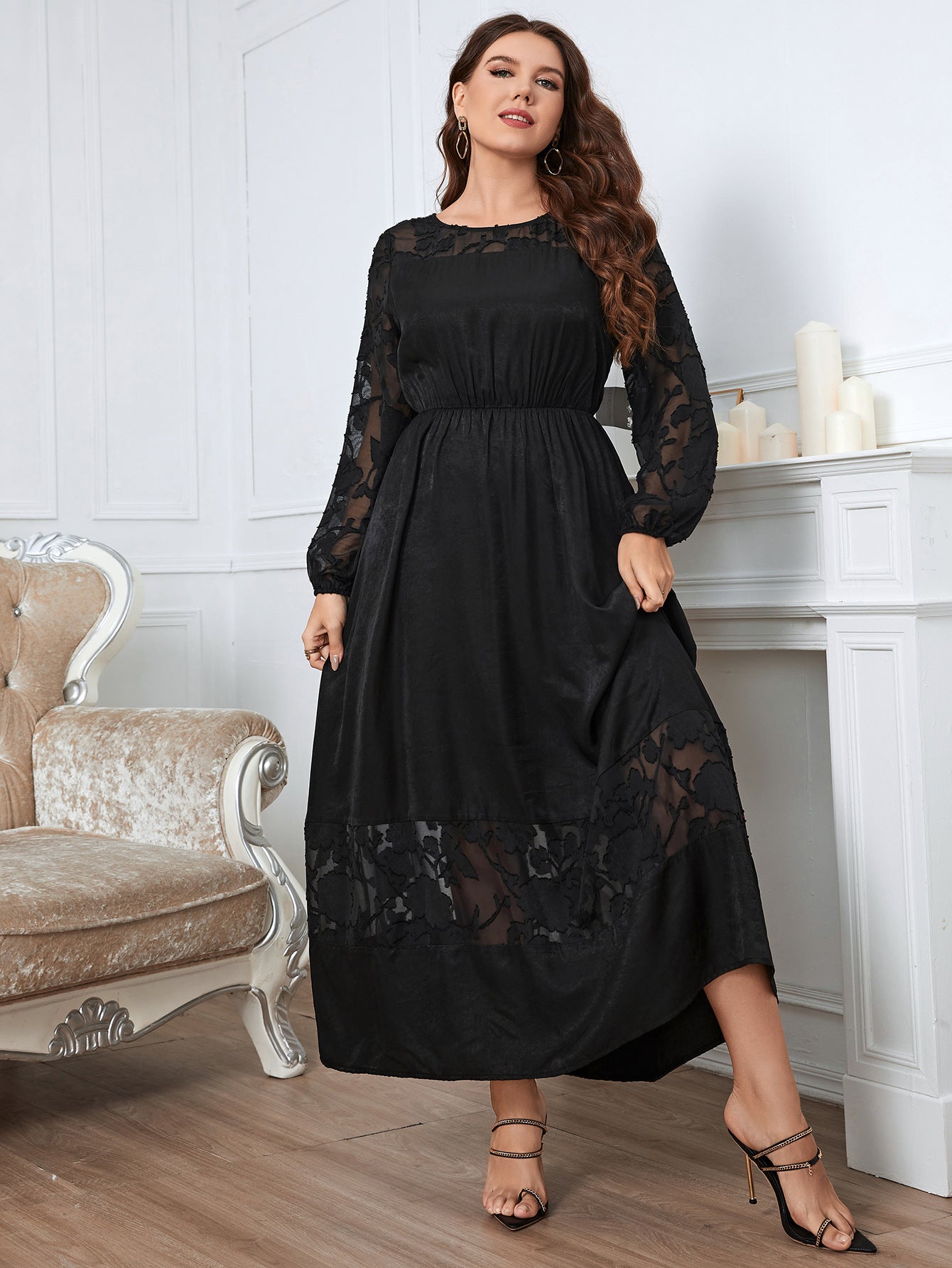 【50% OFF】【XL-4XL】👗Rochie neagra cu maneca lunga din dantela
