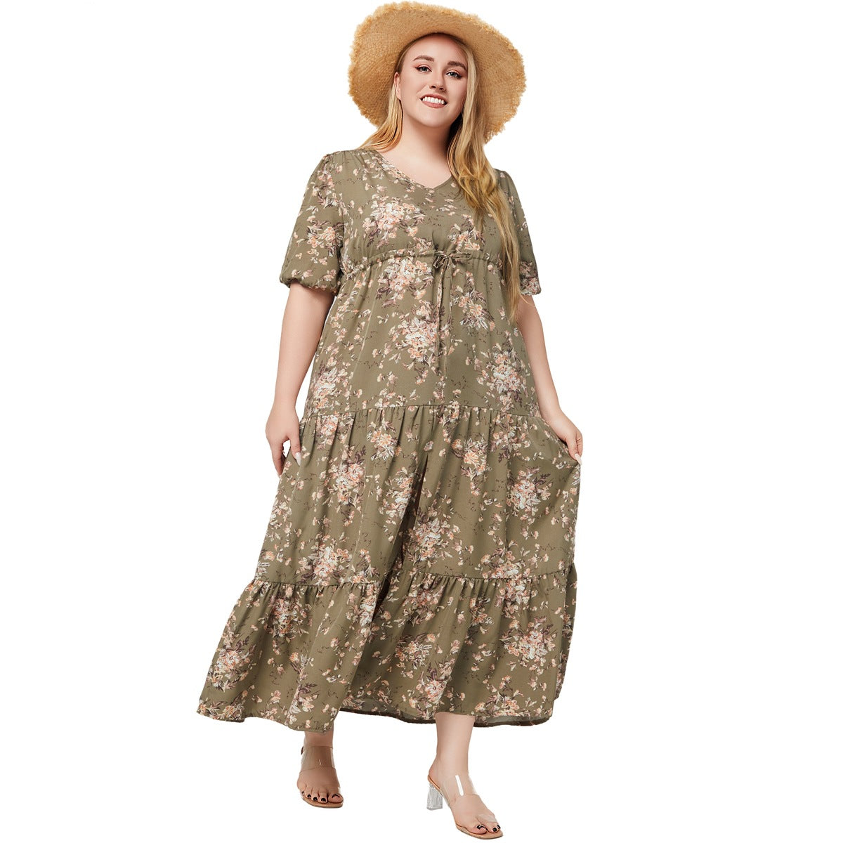 【50% OFF】【XL-5XL】「Romantic Flower」2024 Rochie de damă cu talie imprimată de mărime mare