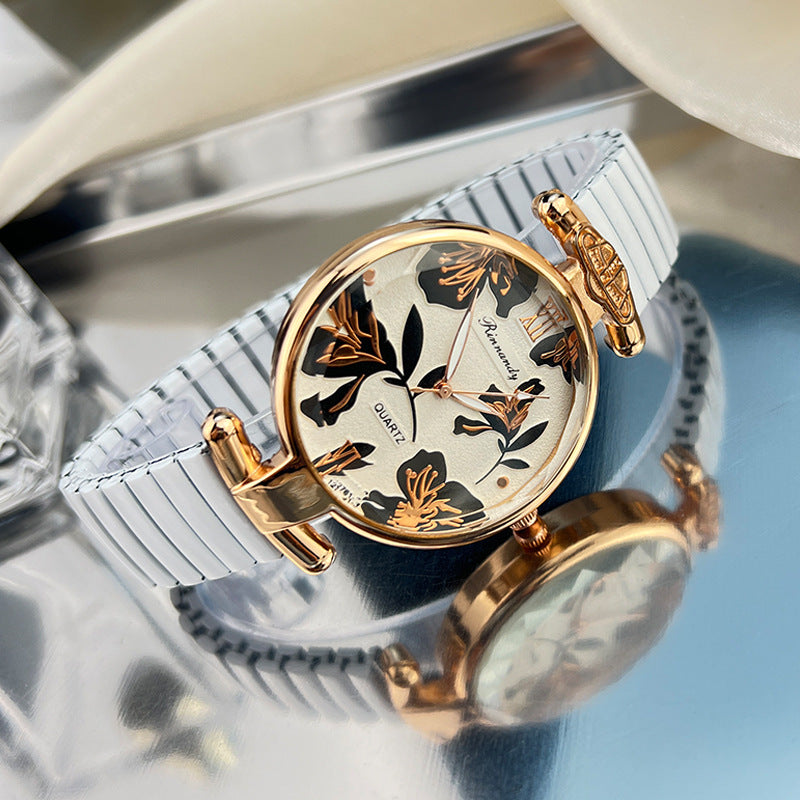 【50% OFF】【QUARTZ】⌚️Ceas de damă cu bandă elastică în relief cu frunze aurite