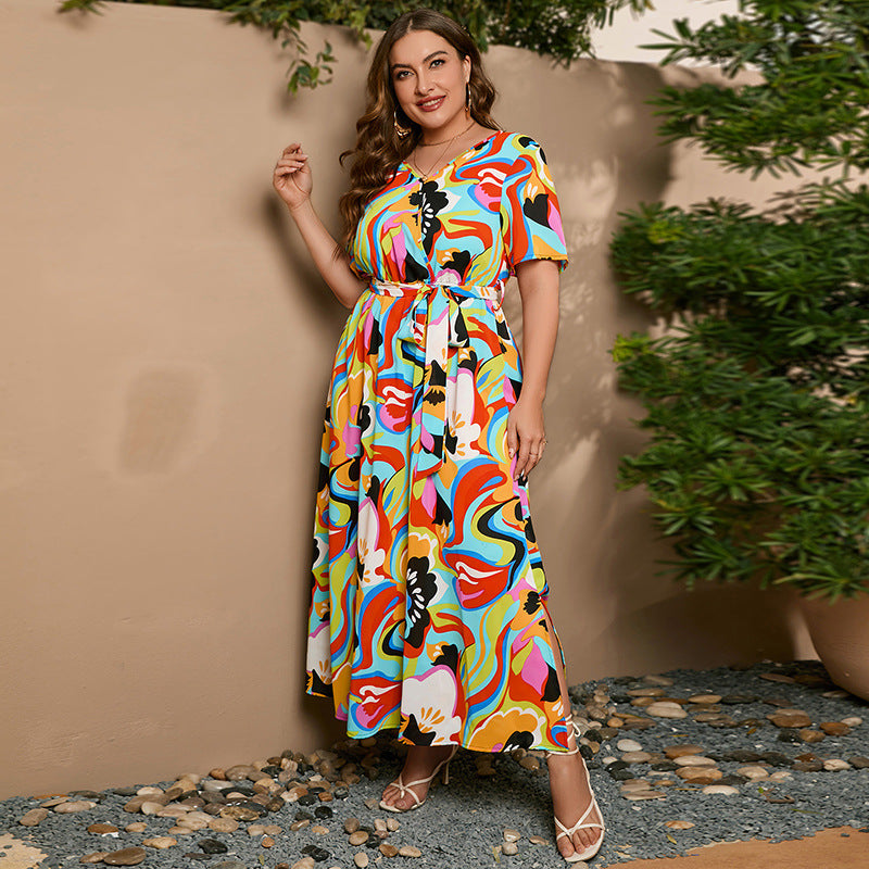 【50% OFF】【L-5XL】「Flori înflorite」2024 Rochie cu șireturi imprimate mărimi mari