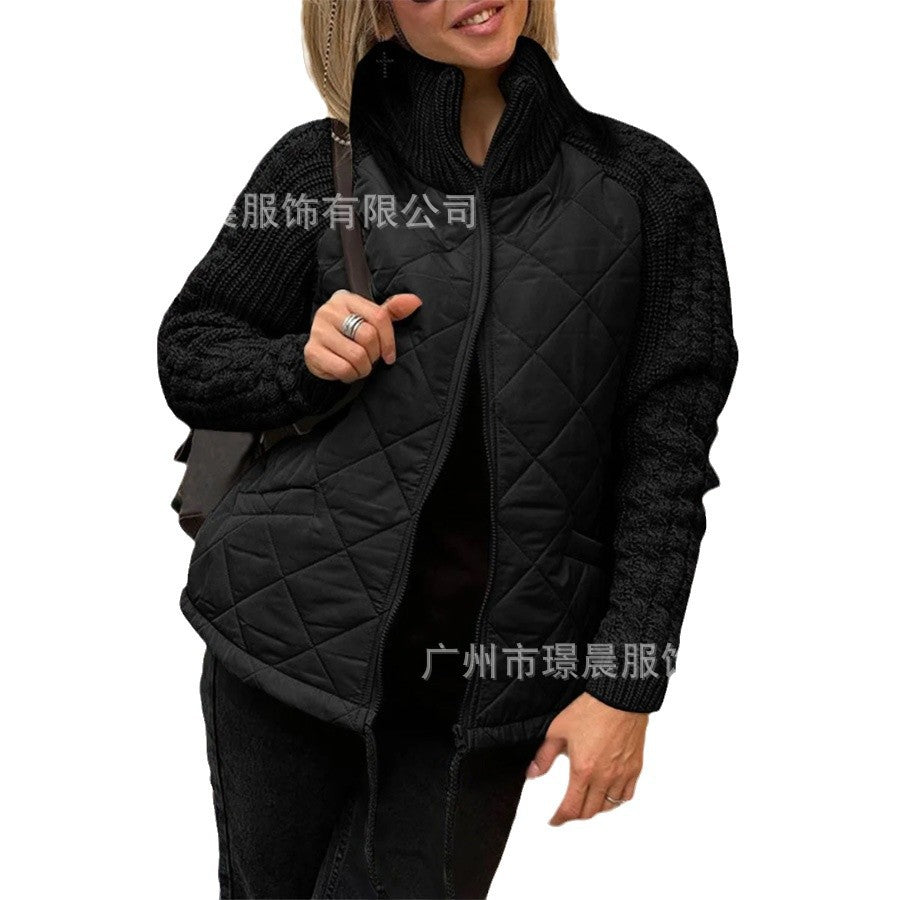 Amazon 2024 Autumn and Winter New Europe and America Cross Border Fashion Cardigan Long-Sleeve Zipper Stand Collar Women's Coat Cotton-Padded Jacket
