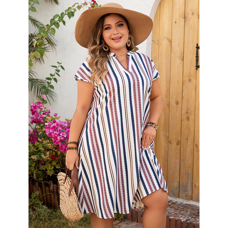 【50% OFF】【XL-4XL】2024 rochie colorată în dungi cu decolteu în V