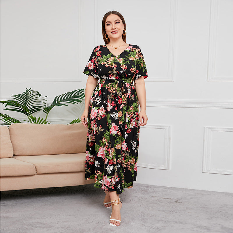 【50% OFF】【L-5XL】「Flori înflorite」2024 Rochie cu șireturi imprimate mărimi mari