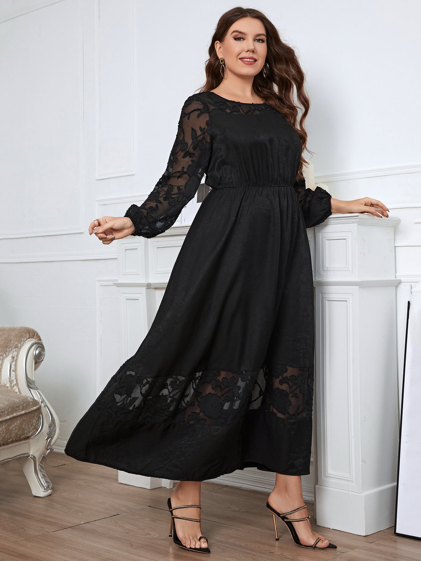 【50% OFF】【XL-4XL】👗Rochie neagra cu maneca lunga din dantela