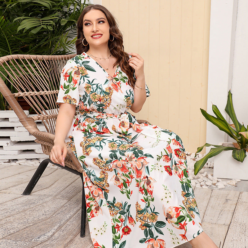 【50% OFF】【L-5XL】「Flori înflorite」2024 Rochie cu șireturi imprimate mărimi mari