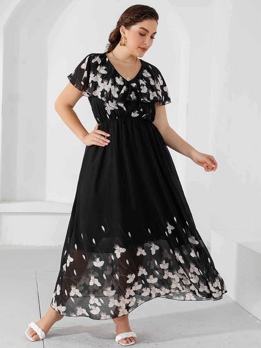 【50% OFF】【XL-5XL】「Flori în vise」2024 rochie cu imprimeu sifon cu volane marime plus