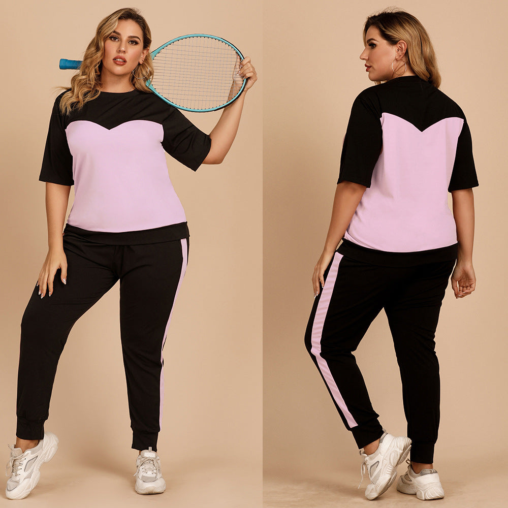 【50% OFF】【XL-4XL】Culoare contrastantă cu gât rotund, talie elastică, largi, costum sport casual