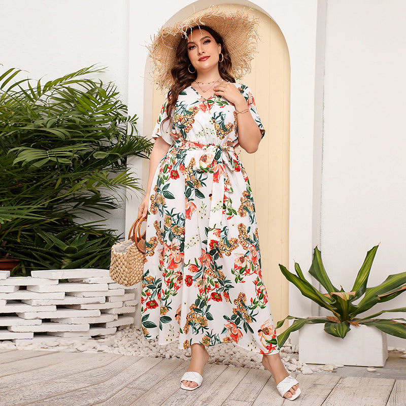 【50% OFF】【L-5XL】「Flori înflorite」2024 Rochie cu șireturi imprimate mărimi mari