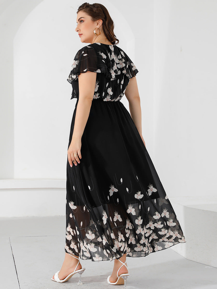 【50% OFF】【XL-5XL】「Flori în vise」2024 rochie cu imprimeu sifon cu volane marime plus