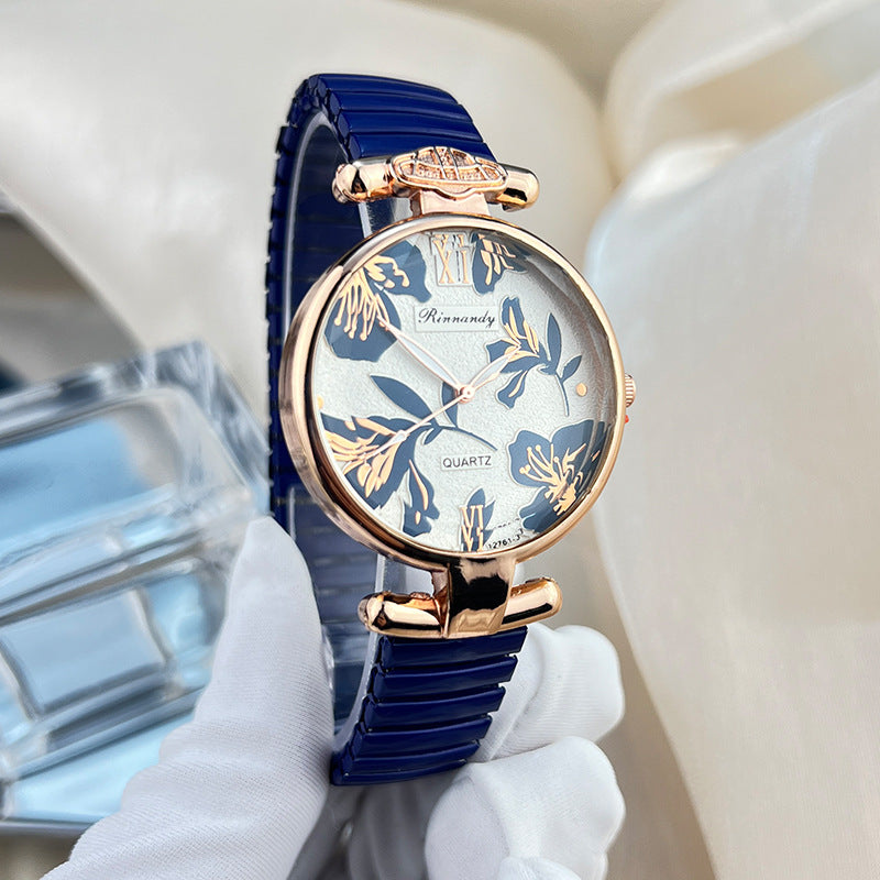 【50% OFF】【QUARTZ】⌚️Ceas de damă cu bandă elastică în relief cu frunze aurite