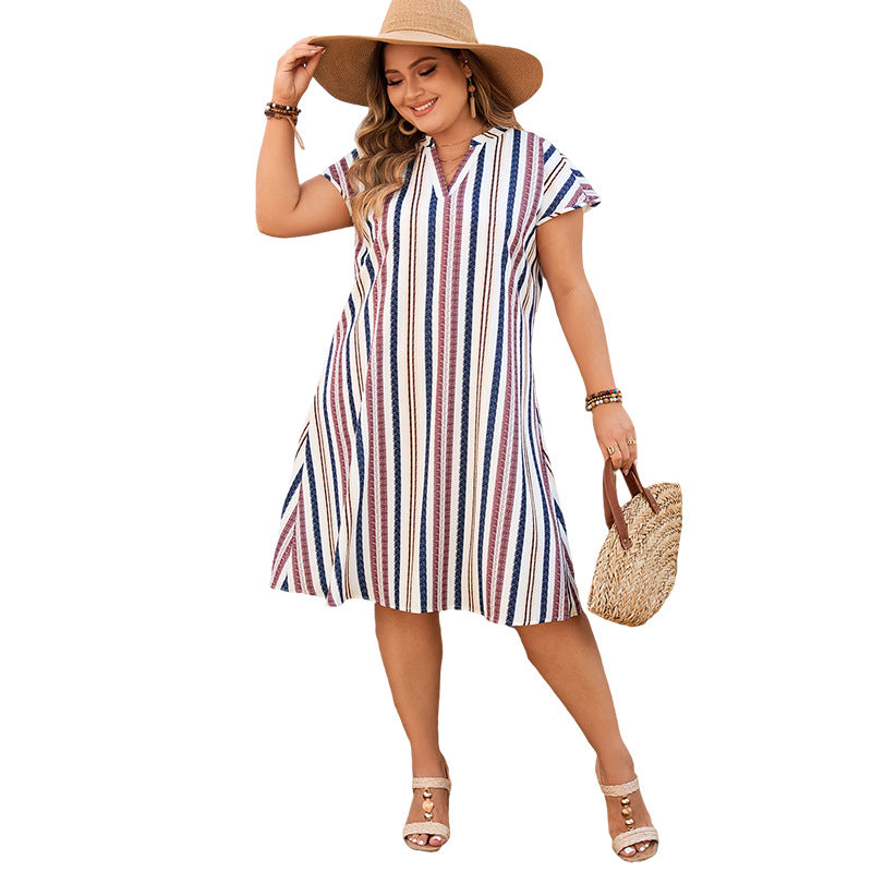 【50% OFF】【XL-4XL】2024 rochie colorată în dungi cu decolteu în V