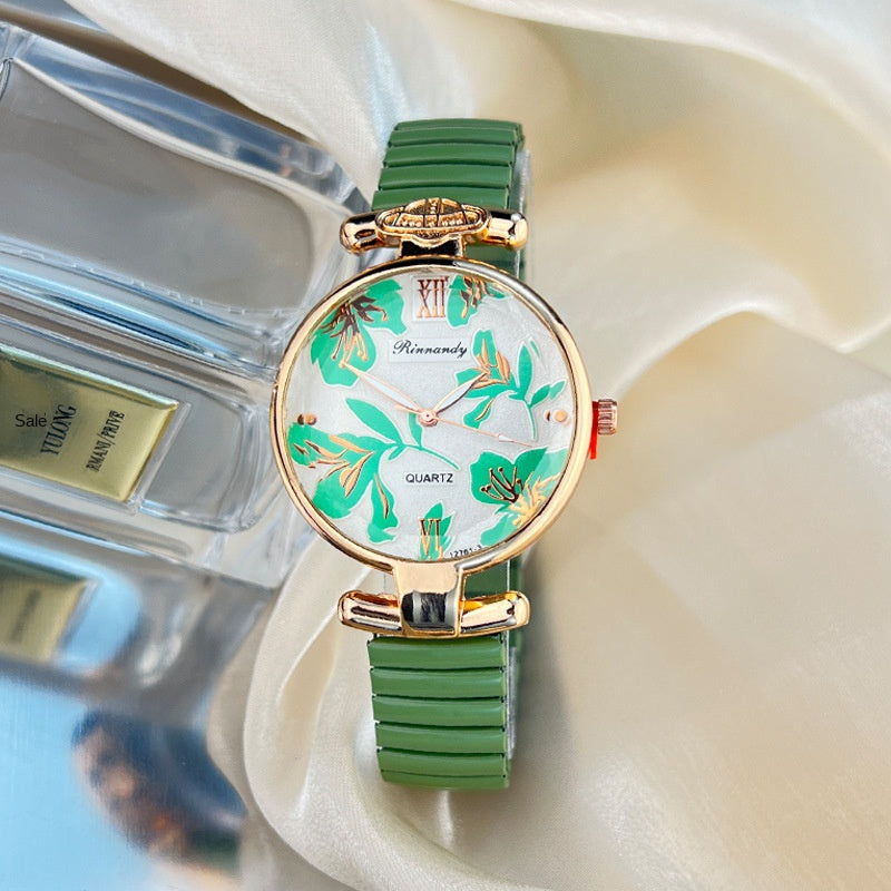 【50% OFF】【QUARTZ】⌚️Ceas de damă cu bandă elastică în relief cu frunze aurite