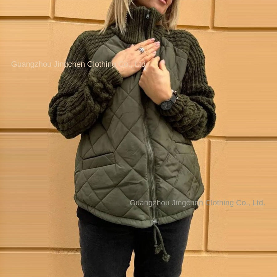 Amazon 2024 Autumn and Winter New Europe and America Cross Border Fashion Cardigan Long-Sleeve Zipper Stand Collar Women's Coat Cotton-Padded Jacket