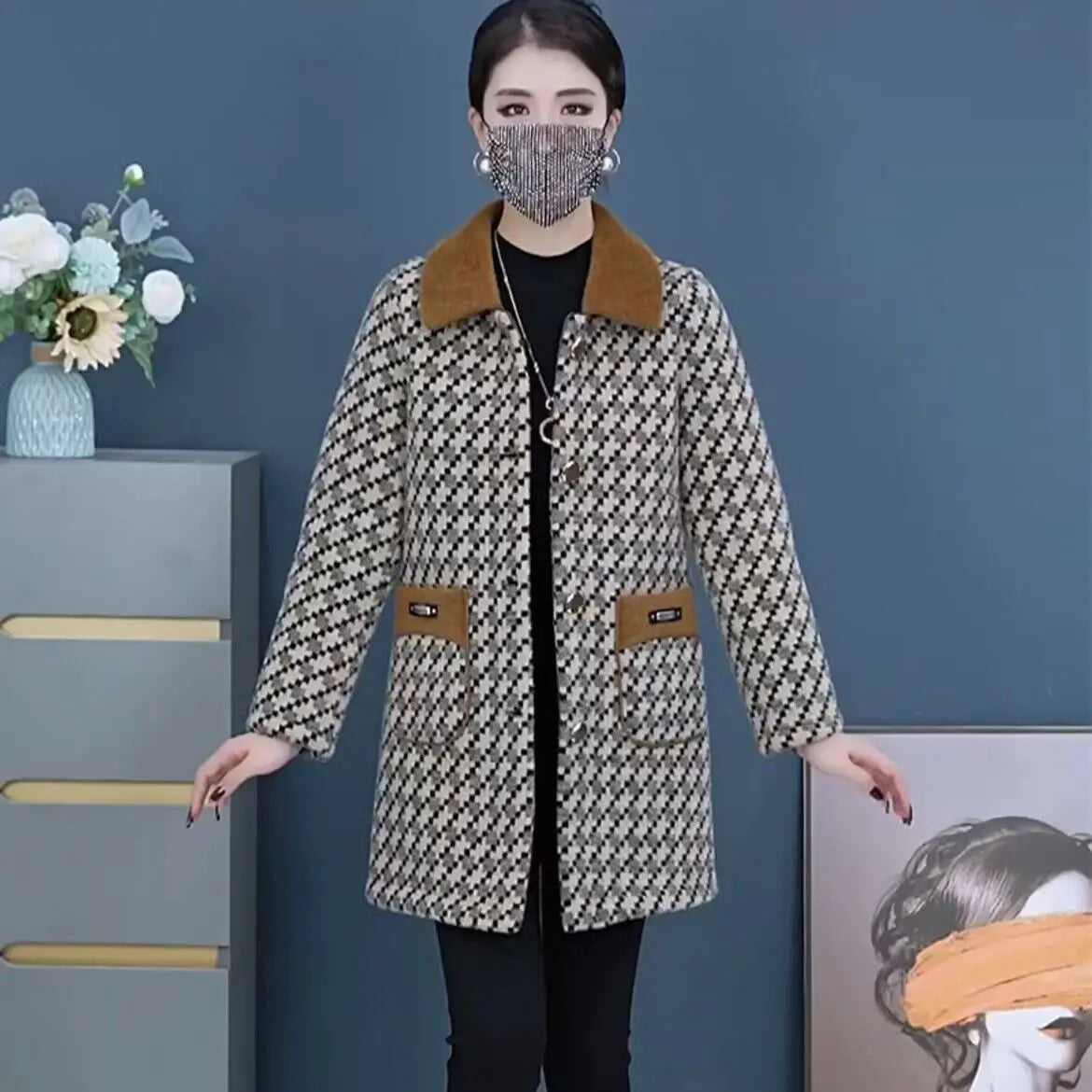 🍂【Produse noi de toamnă】40-100kg 🧥Jachetă nouă de lână de lungime medie de catifea îngroșată de toamnă și iarnă, caldă și elegantă
