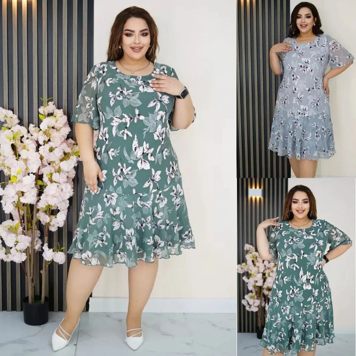 【50% OFF】【S-5XL】Rochie cu flori verde orhidee acva
