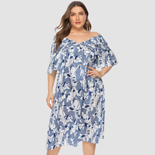 【50% OFF】【XL-5XL】2024 rochie imprimată cu decolteu în V cu bretele în talie, fără umăr