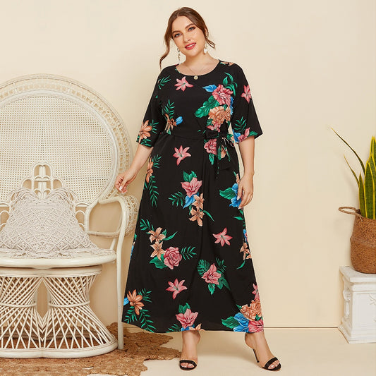 【50% OFF】【XL-4XL】「Spune florilor」Marime mare Rochie 2024 cu bretele imprimate cu decolteu rotund pentru damă