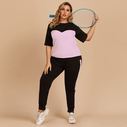 【50% OFF】【XL-4XL】Culoare contrastantă cu gât rotund, talie elastică, largi, costum sport casual