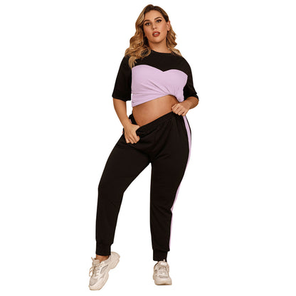 【50% OFF】【XL-4XL】Culoare contrastantă cu gât rotund, talie elastică, largi, costum sport casual