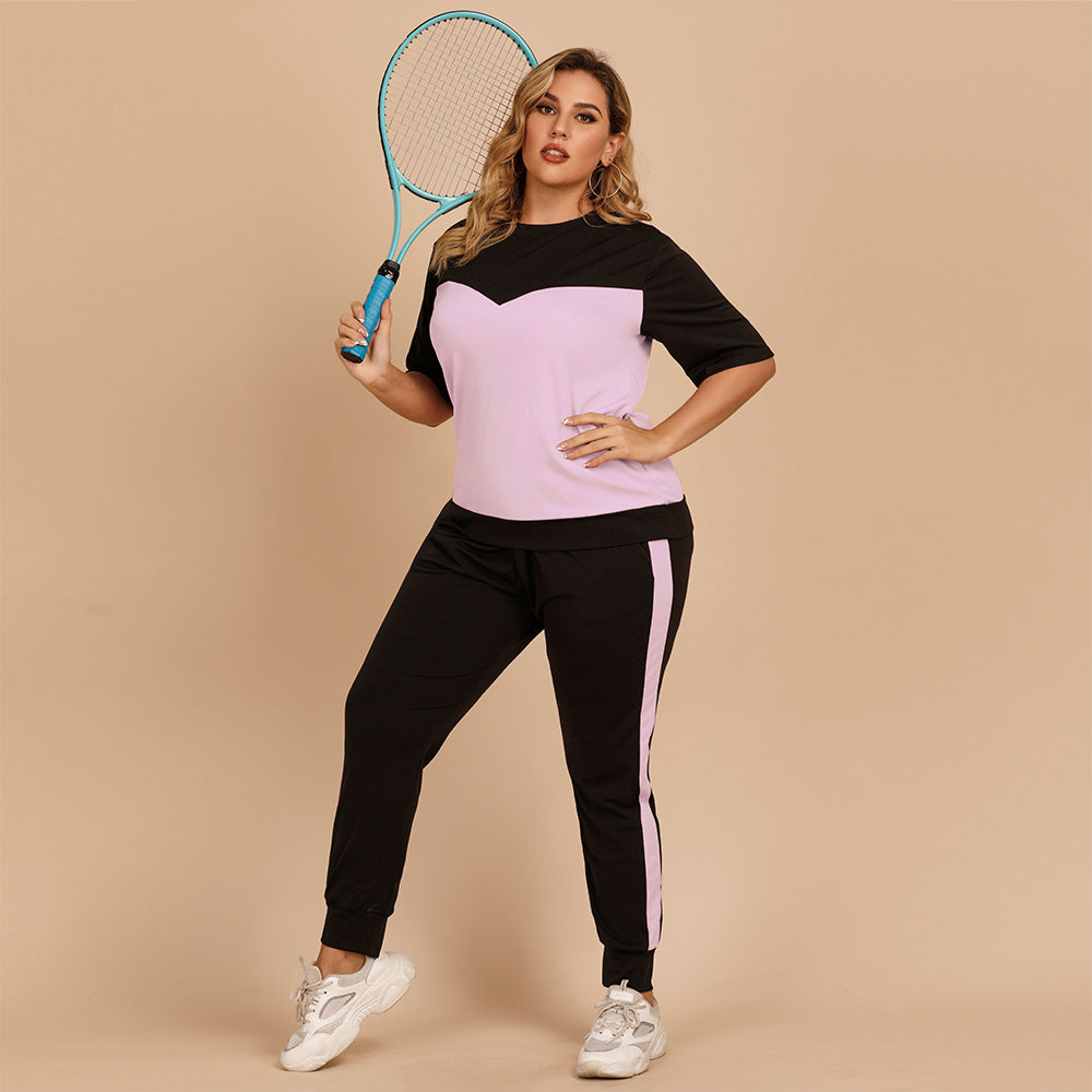 【50% OFF】【XL-4XL】Culoare contrastantă cu gât rotund, talie elastică, largi, costum sport casual