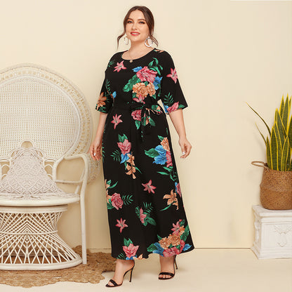 【50% OFF】【XL-4XL】「Spune florilor」Marime mare Rochie 2024 cu bretele imprimate cu decolteu rotund pentru damă