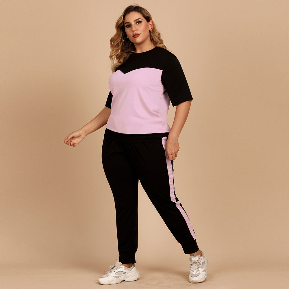 【50% OFF】【XL-4XL】Culoare contrastantă cu gât rotund, talie elastică, largi, costum sport casual