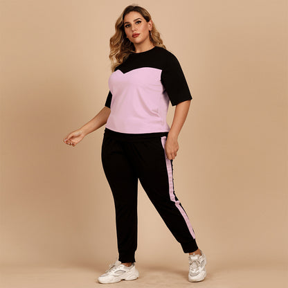 【50% OFF】【XL-4XL】Culoare contrastantă cu gât rotund, talie elastică, largi, costum sport casual