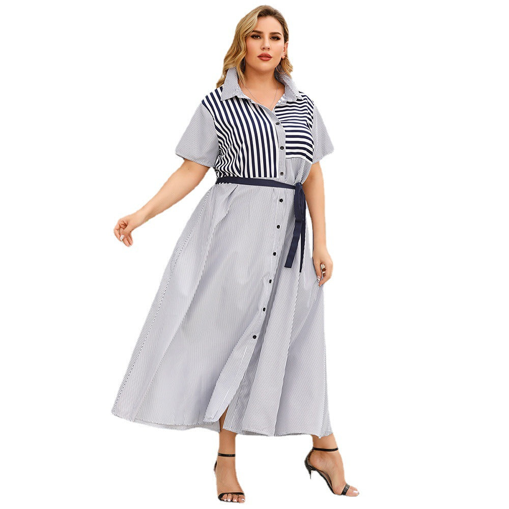 【50% OFF】【XL-4XL】Rochie cămașă cu dungi cu rever, de vară 2024 pentru femei de mărime plus mare